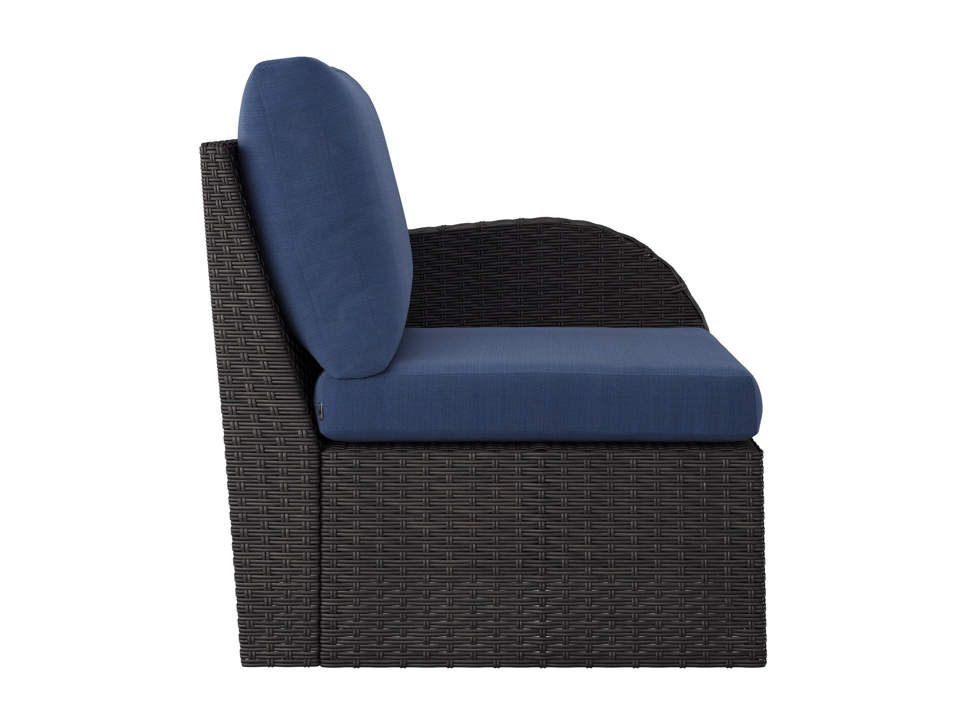 Blue outdoor sectional patio chair with right armrest, featuring weather-resistant cushions and a sturdy aluminum frame. Ideal for comfortable and stylish outdoor seating in gardens, patios, or decks.