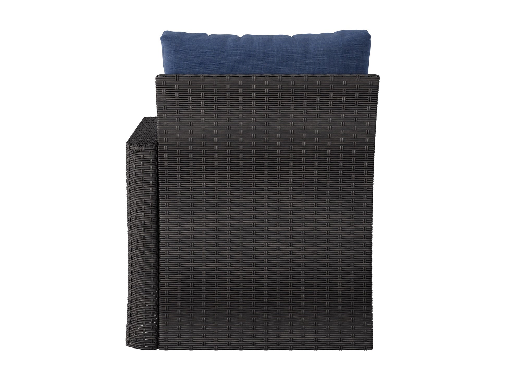 Blue outdoor sectional patio chair with right armrest, featuring weather-resistant cushions and a sturdy aluminum frame. Ideal for comfortable and stylish outdoor seating in gardens, patios, or decks.