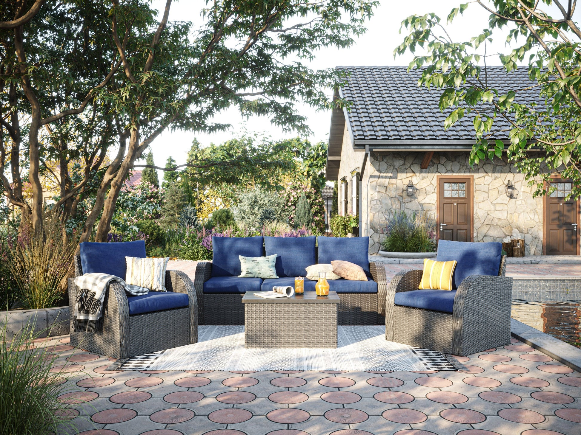 Blue outdoor sectional middle piece patio chair with weather-resistant fabric, featuring a sleek aluminum frame and plush cushions for comfort. Ideal for modern outdoor living spaces.