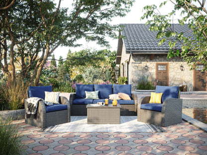 Blue outdoor sectional middle piece patio chair with weather-resistant fabric, featuring a sleek aluminum frame and plush cushions for comfort. Ideal for modern outdoor living spaces.