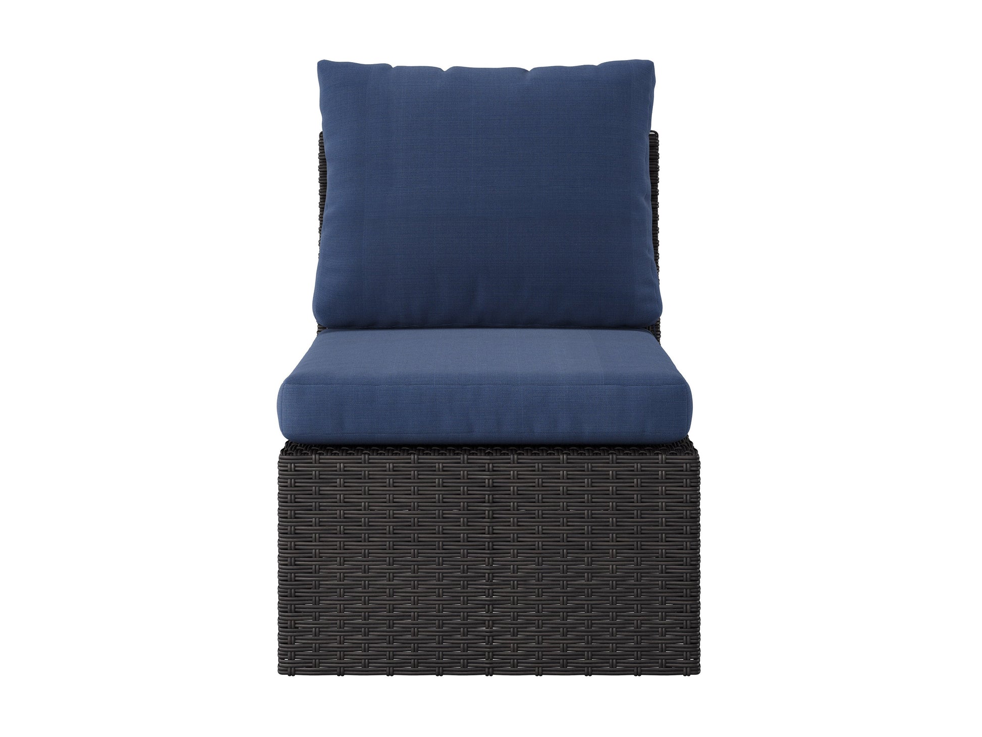 Blue outdoor sectional middle piece patio chair with weather-resistant fabric, featuring a sleek aluminum frame and plush cushions for comfort. Ideal for modern outdoor living spaces.