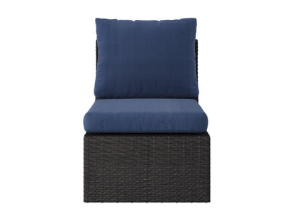 Blue outdoor sectional middle piece patio chair with weather-resistant fabric, featuring a sleek aluminum frame and plush cushions for comfort. Ideal for modern outdoor living spaces.