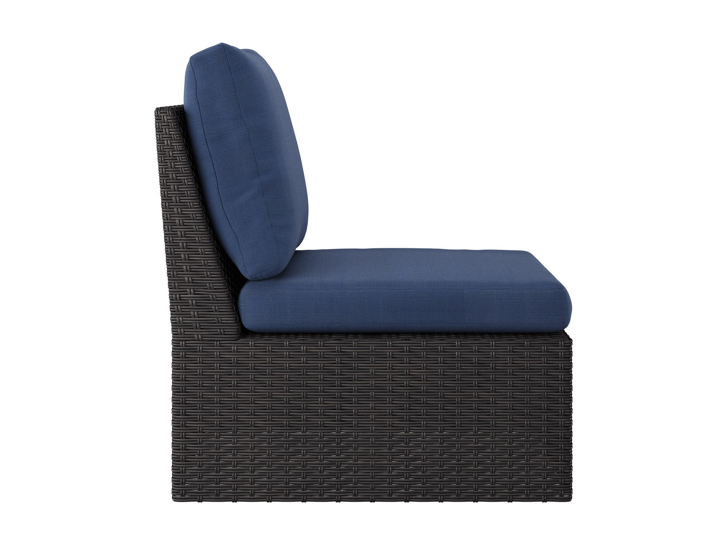 Blue outdoor sectional middle piece patio chair with weather-resistant fabric, featuring a sleek aluminum frame and plush cushions for comfort. Ideal for modern outdoor living spaces.