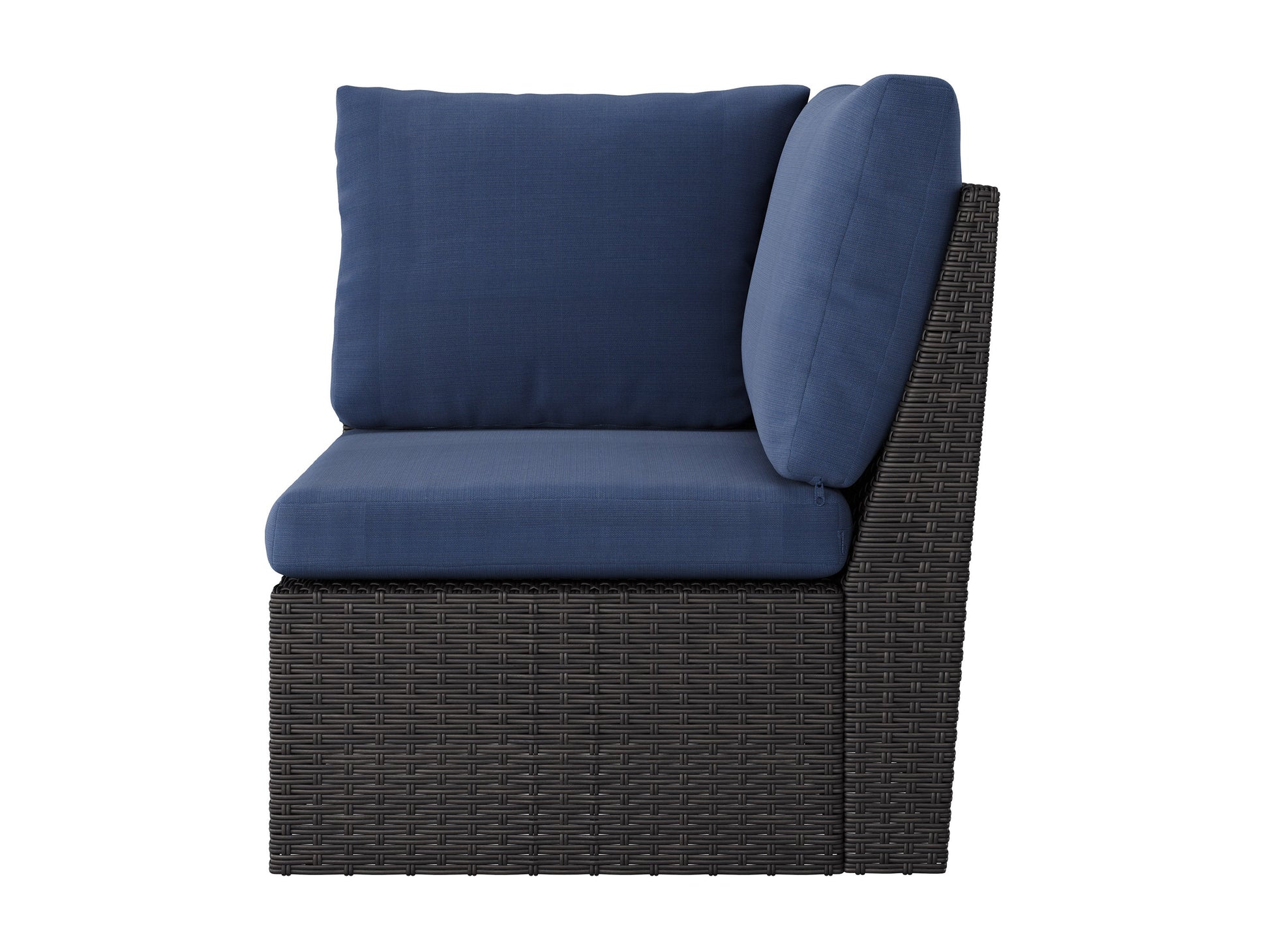 Blue outdoor sectional corner patio chair with weather-resistant cushions, aluminum frame, and woven rattan texture. Ideal for backyard or garden seating, offering comfort and durability.