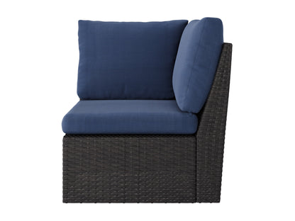 Blue outdoor sectional corner patio chair with weather-resistant cushions, aluminum frame, and woven rattan texture. Ideal for backyard or garden seating, offering comfort and durability.
