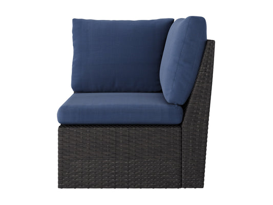 Blue outdoor sectional corner patio chair with weather-resistant cushions, aluminum frame, and woven rattan texture. Ideal for backyard or garden seating, offering comfort and durability.
