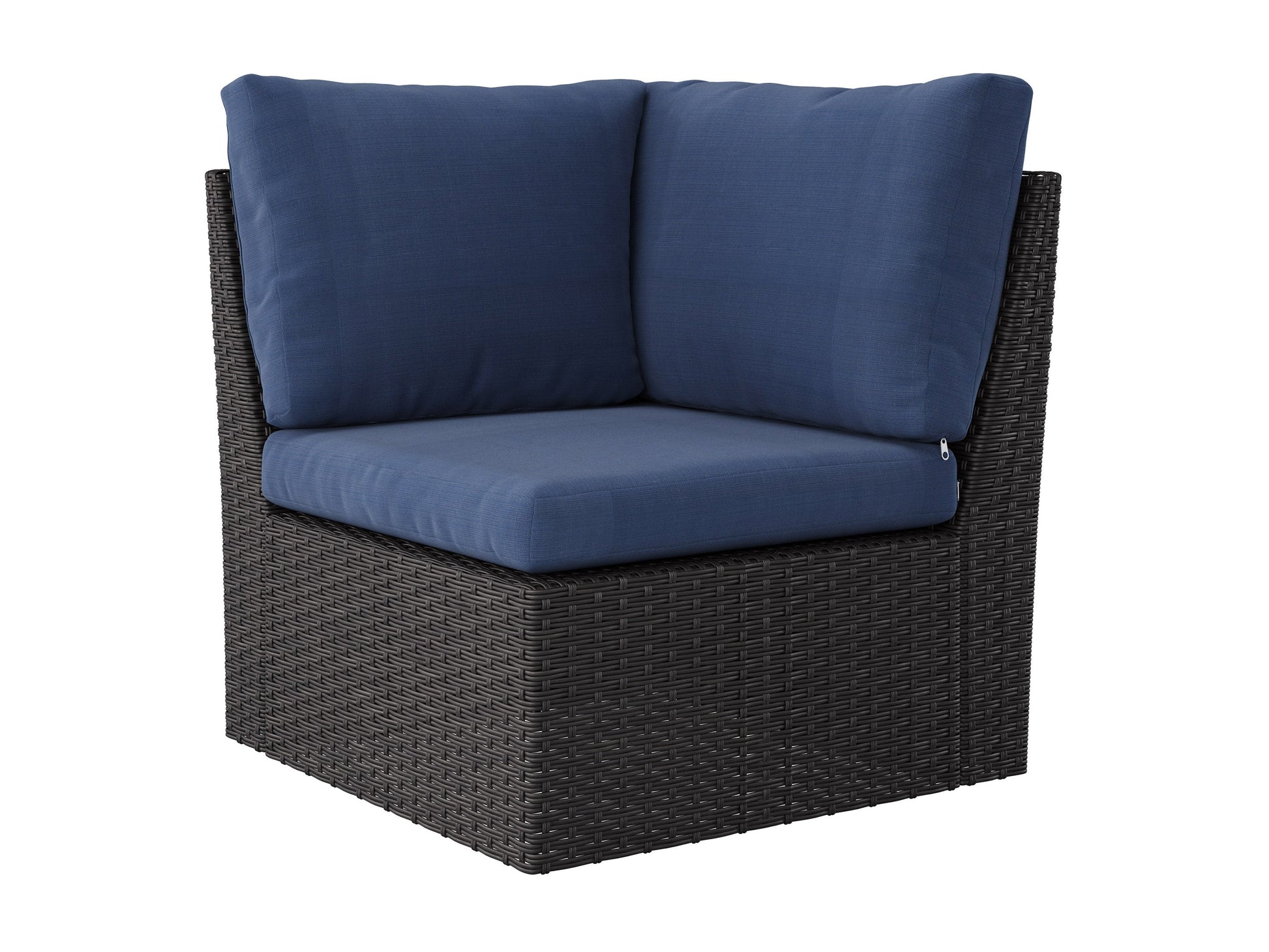 Blue outdoor sectional corner patio chair with weather-resistant cushions, aluminum frame, and woven rattan texture. Ideal for backyard or garden seating, offering comfort and durability.