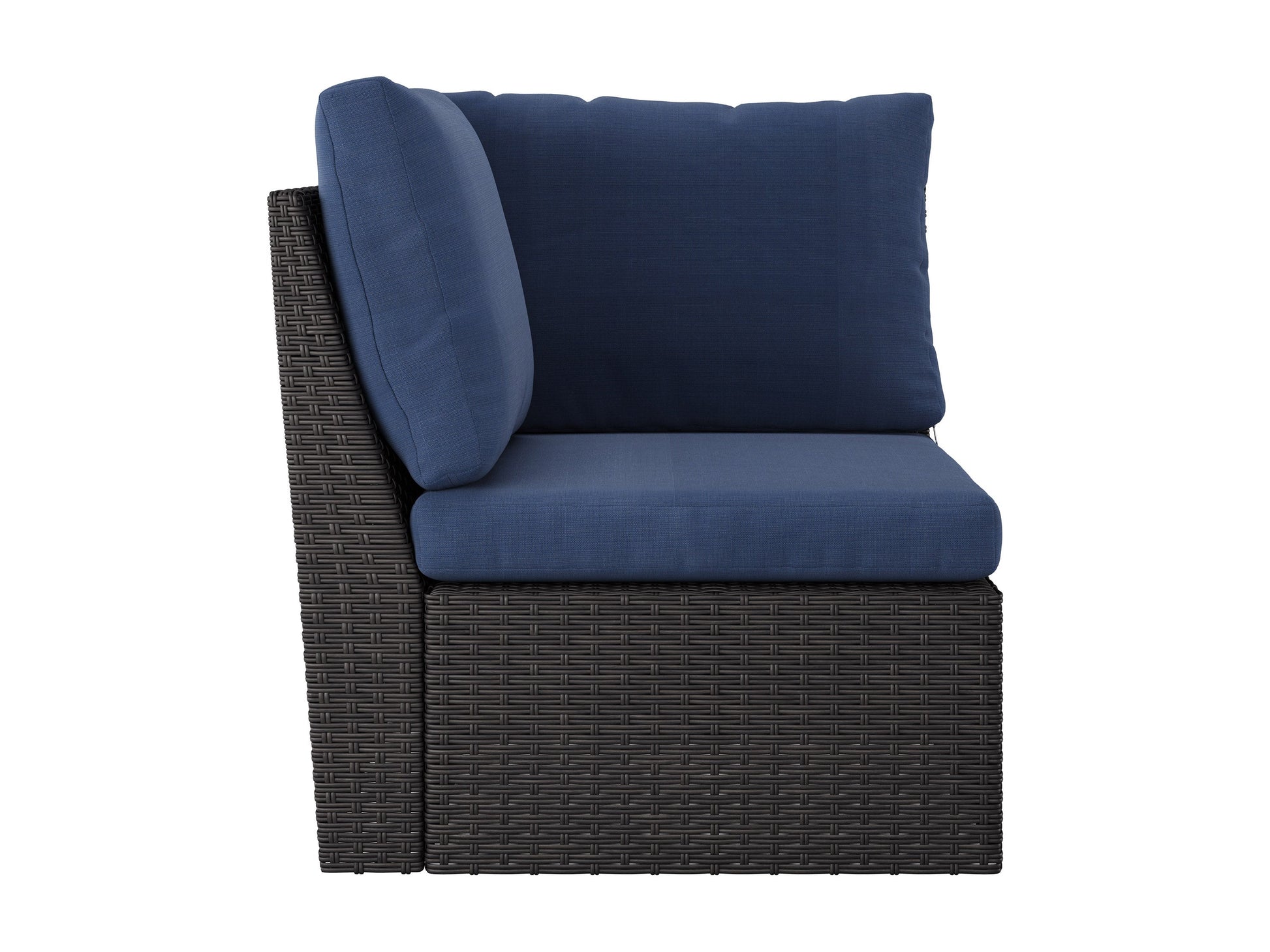 Blue outdoor sectional corner patio chair with weather-resistant cushions, aluminum frame, and woven rattan texture. Ideal for backyard or garden seating, offering comfort and durability.