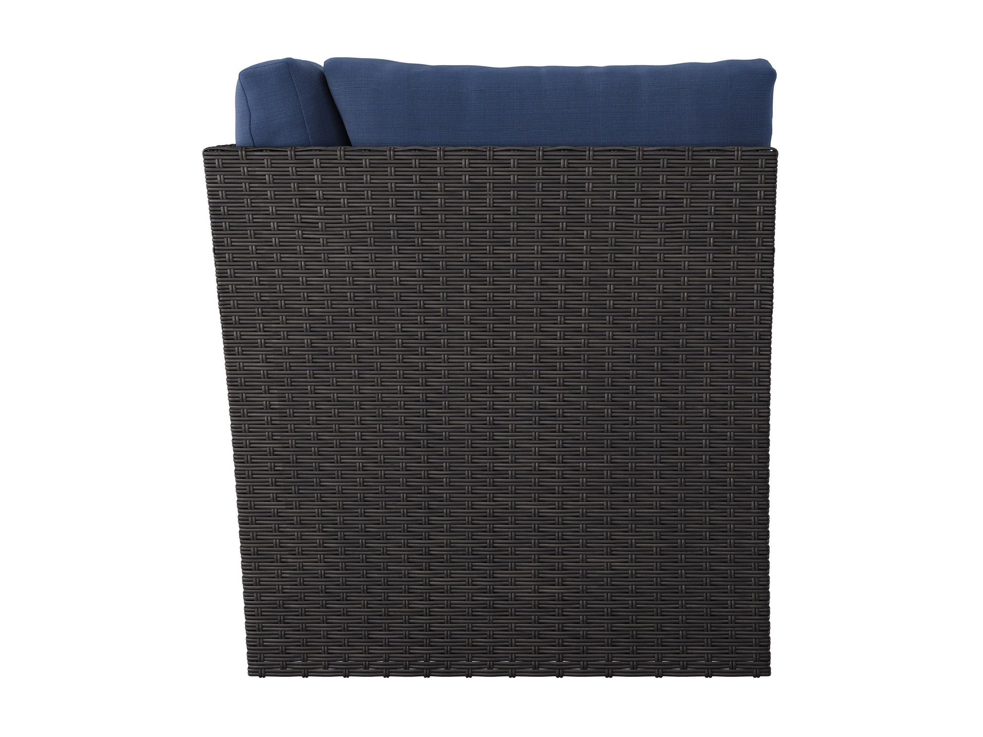 Blue outdoor sectional corner patio chair with weather-resistant cushions, aluminum frame, and woven rattan texture. Ideal for backyard or garden seating, offering comfort and durability.