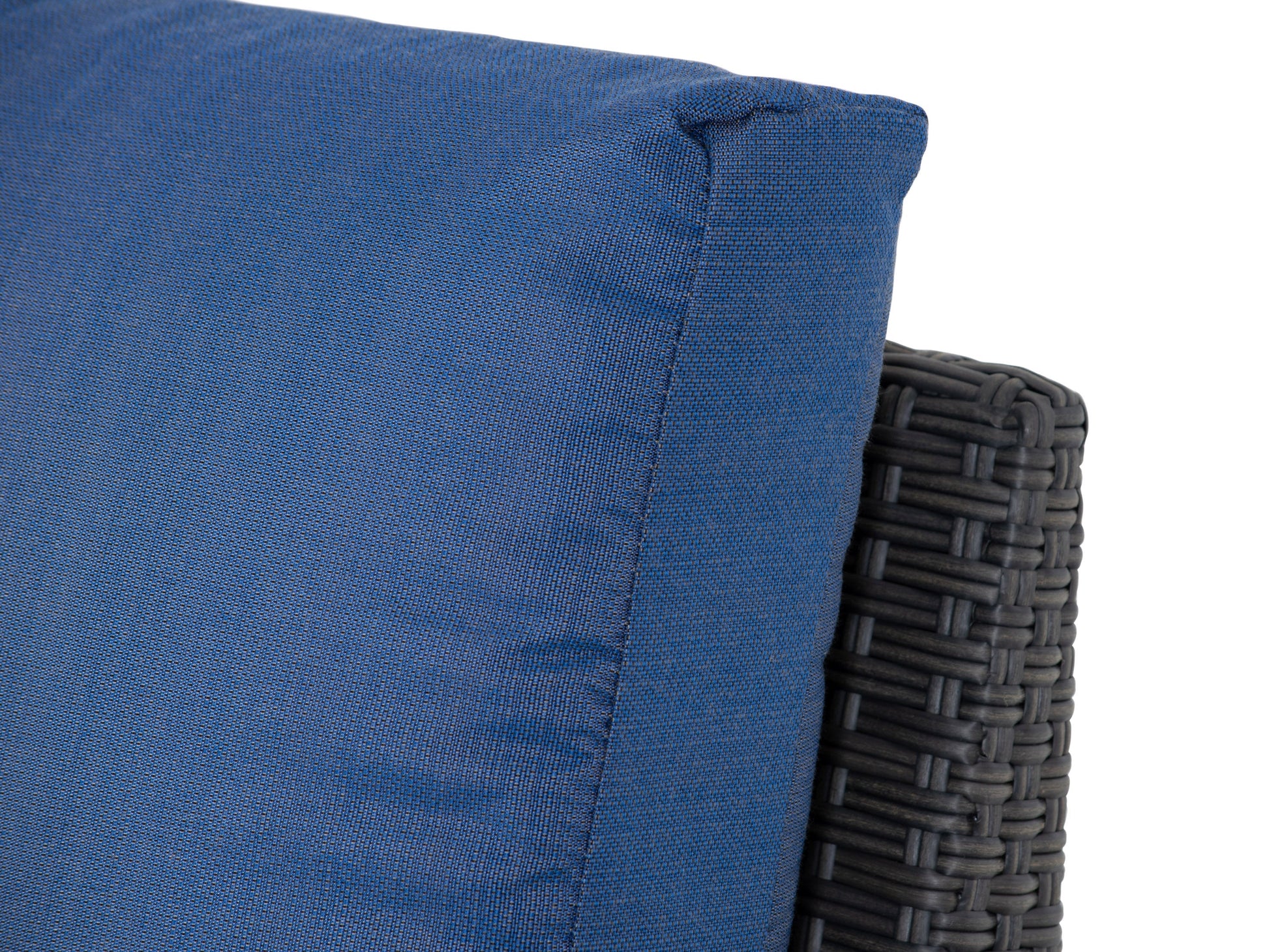 Alt text: "Outdoor wicker patio conversation set with a blue table and chairs, featuring durable rattan material and comfortable cushions, perfect for garden or backyard relaxation."