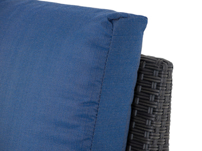 Alt text: "Outdoor wicker patio conversation set with a blue table and chairs, featuring durable rattan material and comfortable cushions, perfect for garden or backyard relaxation."