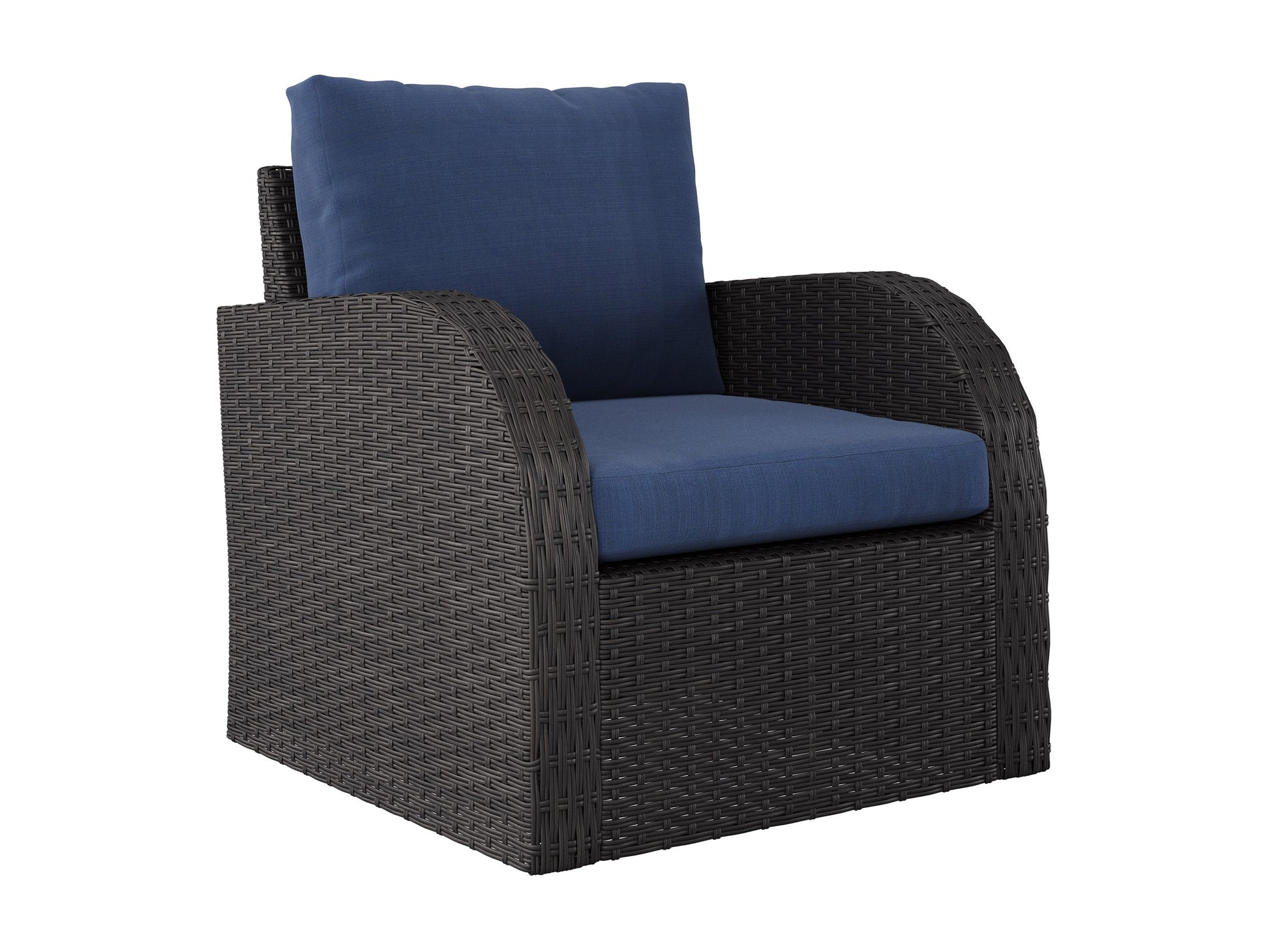 Alt text: "Outdoor wicker patio conversation set with a blue table and chairs, featuring durable rattan material and comfortable cushions, perfect for garden or backyard relaxation."