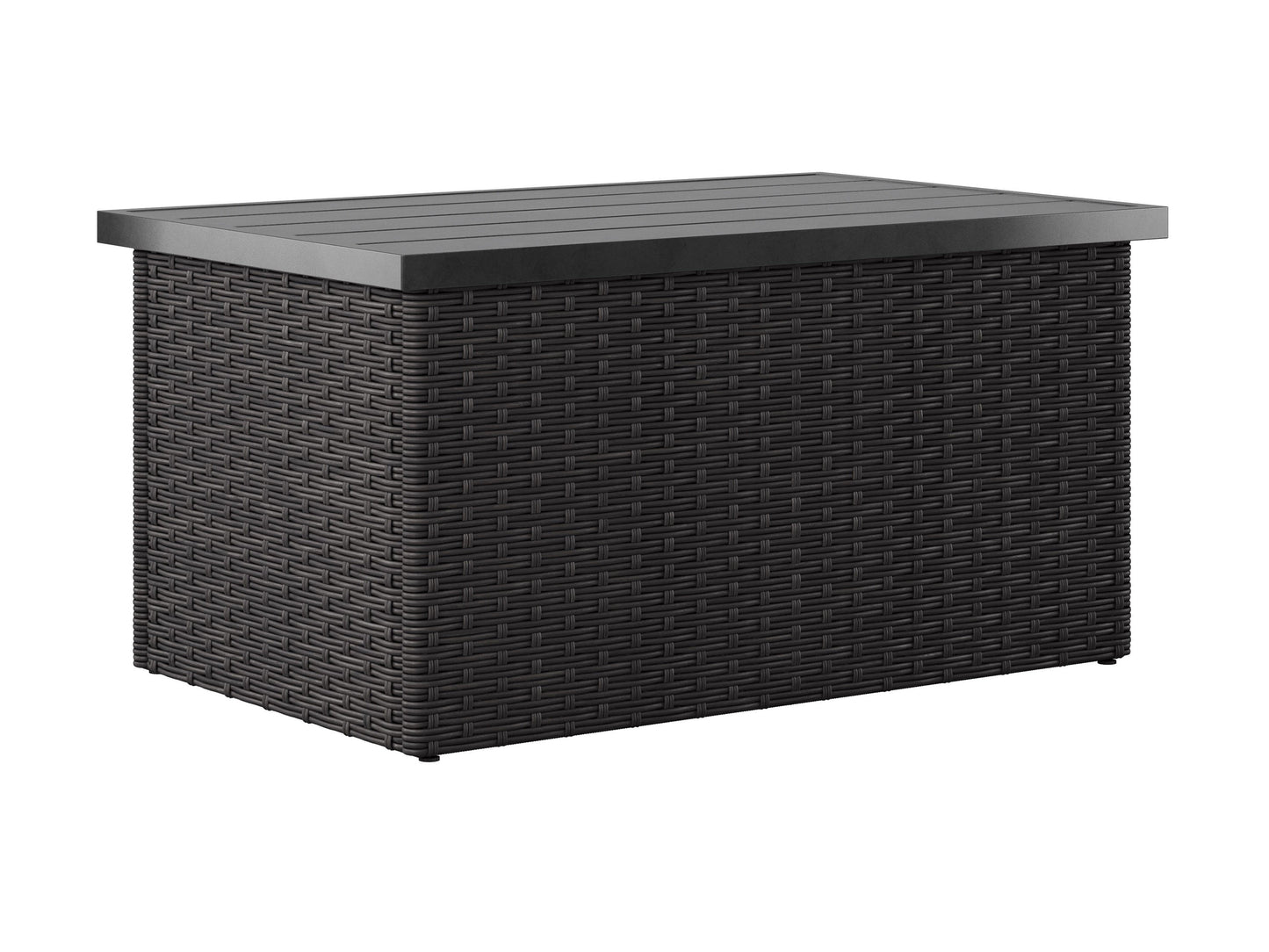 Alt text: "Outdoor wicker patio conversation set with a blue table and chairs, featuring durable rattan material and comfortable cushions, perfect for garden or backyard relaxation."