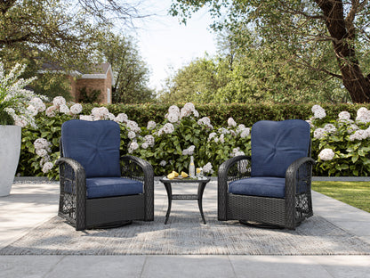 Blue swivel patio chairs set with round table, featuring weather-resistant wicker, cushioned seats, and ergonomic armrests. Ideal for outdoor relaxation and garden conversations.