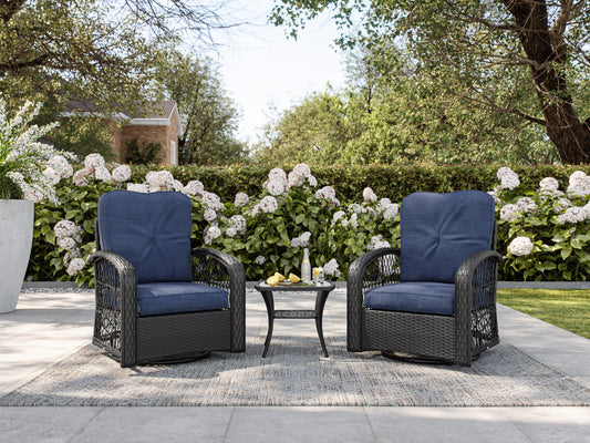 Blue swivel patio chairs set with round table, featuring weather-resistant wicker, cushioned seats, and ergonomic armrests. Ideal for outdoor relaxation and garden conversations.