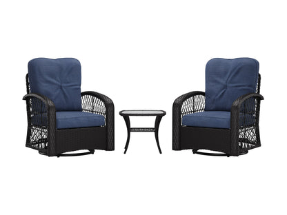 Blue swivel patio chairs set with round table, featuring weather-resistant wicker, cushioned seats, and ergonomic armrests. Ideal for outdoor relaxation and garden conversations.