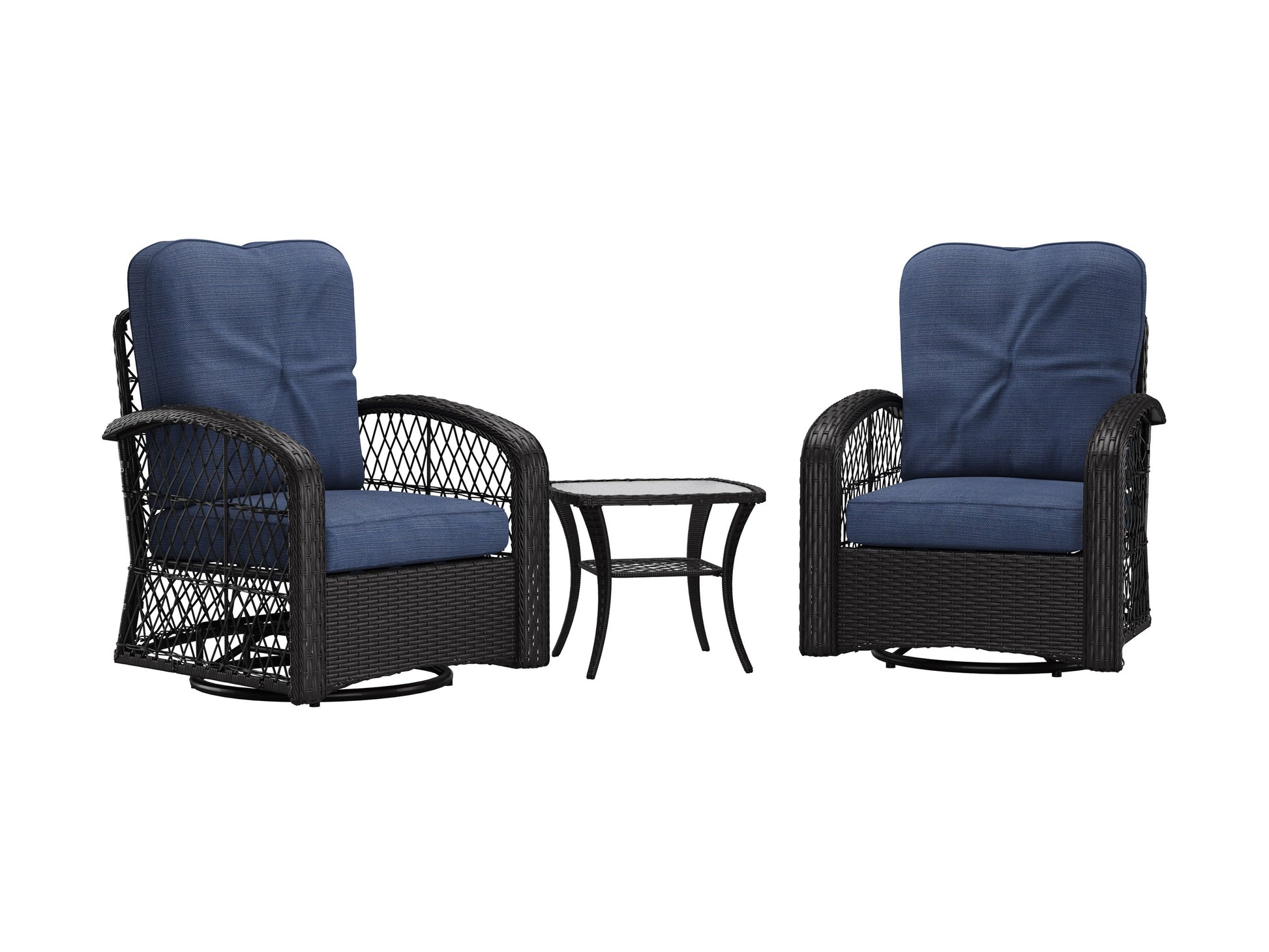 Blue swivel patio chairs set with round table, featuring weather-resistant wicker, cushioned seats, and ergonomic armrests. Ideal for outdoor relaxation and garden conversations.