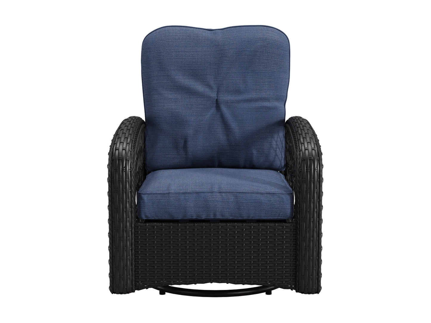 Blue swivel patio chairs set with round table, featuring weather-resistant wicker, cushioned seats, and ergonomic armrests. Ideal for outdoor relaxation and garden conversations.