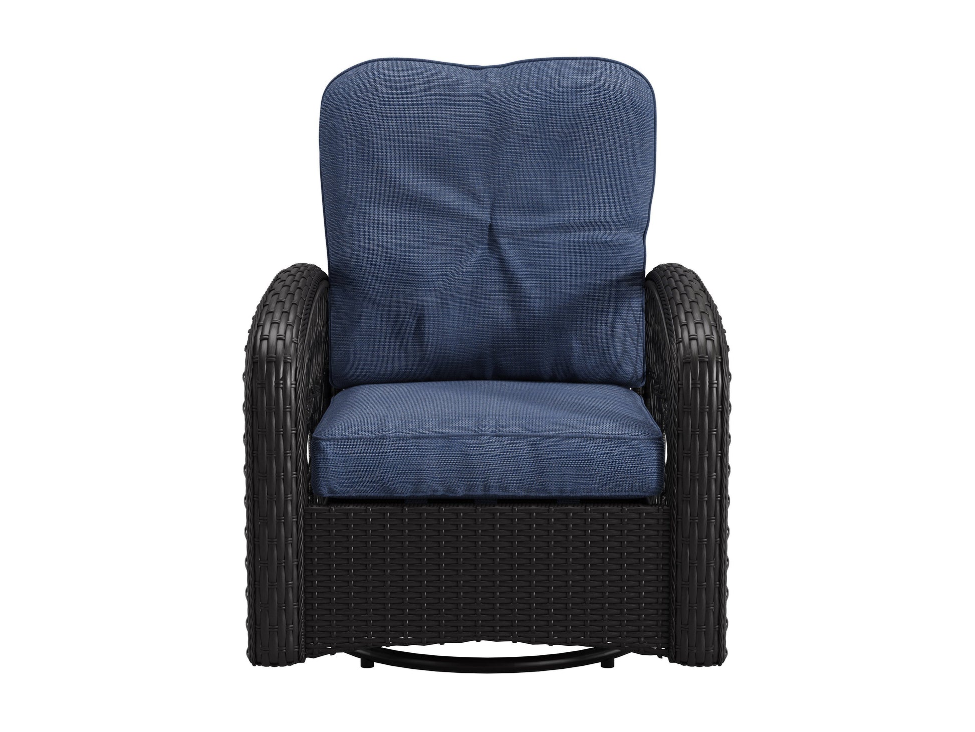 Blue swivel patio chairs set with round table, featuring weather-resistant wicker, cushioned seats, and ergonomic armrests. Ideal for outdoor relaxation and garden conversations.