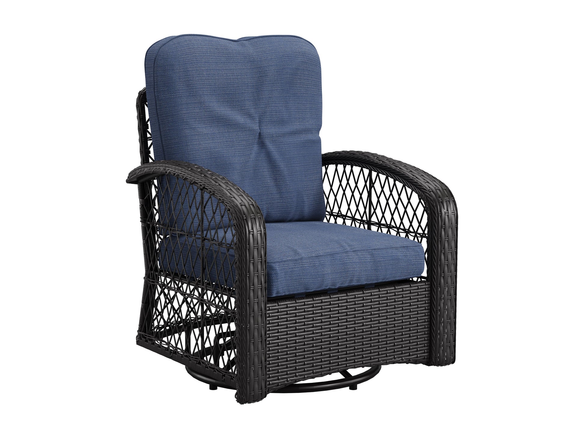 Blue swivel patio chairs set with round table, featuring weather-resistant wicker, cushioned seats, and ergonomic armrests. Ideal for outdoor relaxation and garden conversations.