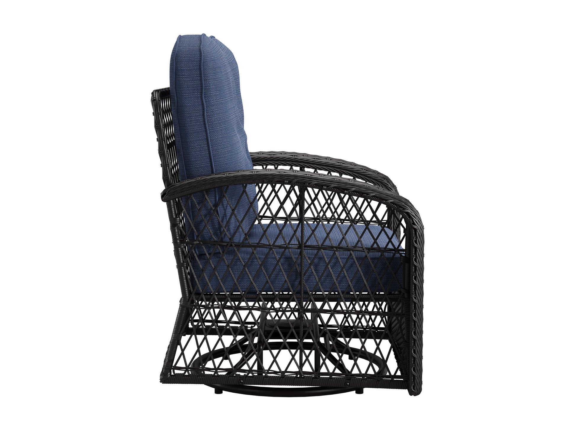Blue swivel patio chairs set with round table, featuring weather-resistant wicker, cushioned seats, and ergonomic armrests. Ideal for outdoor relaxation and garden conversations.