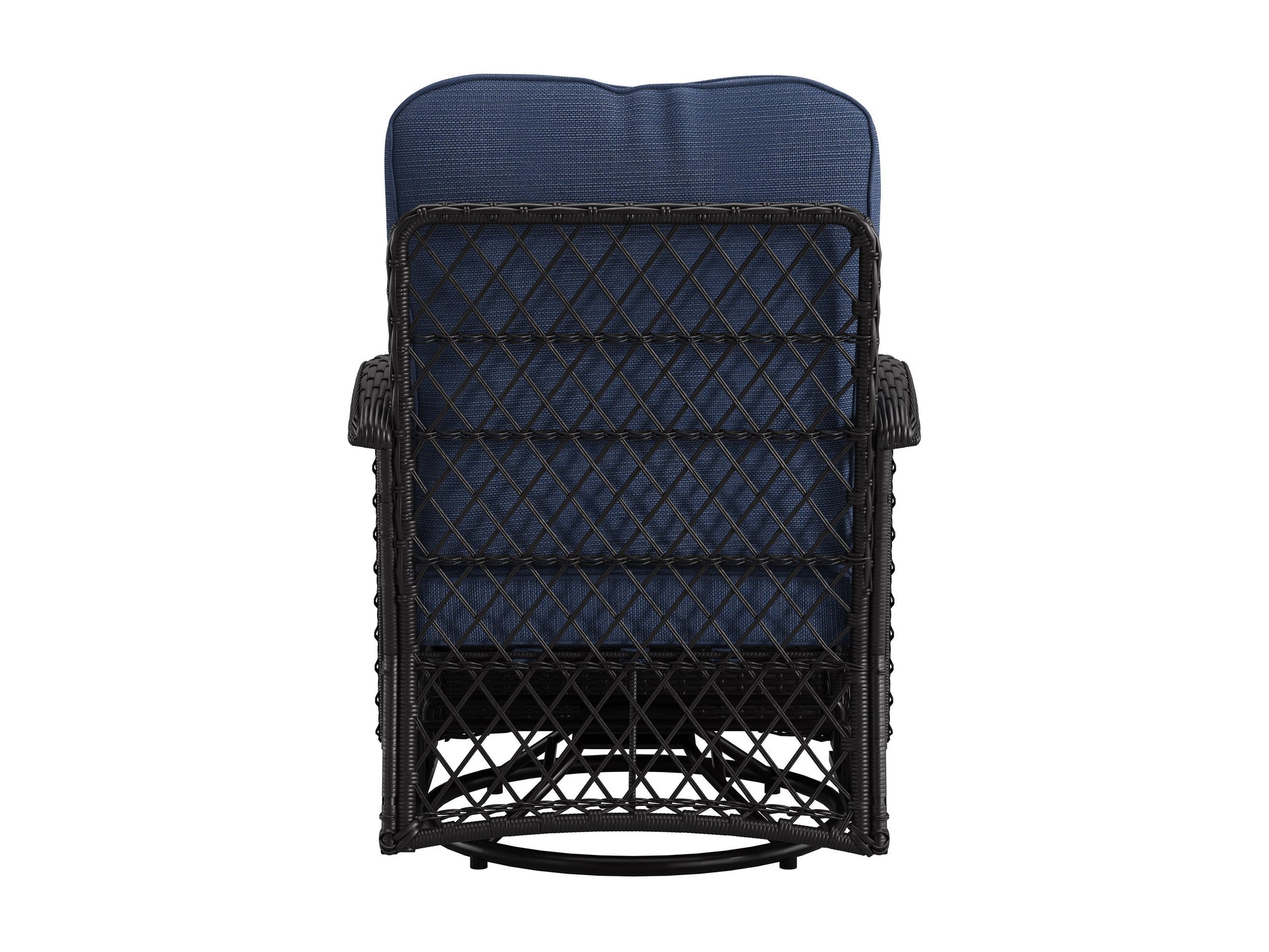 Blue swivel patio chairs set with round table, featuring weather-resistant wicker, cushioned seats, and ergonomic armrests. Ideal for outdoor relaxation and garden conversations.