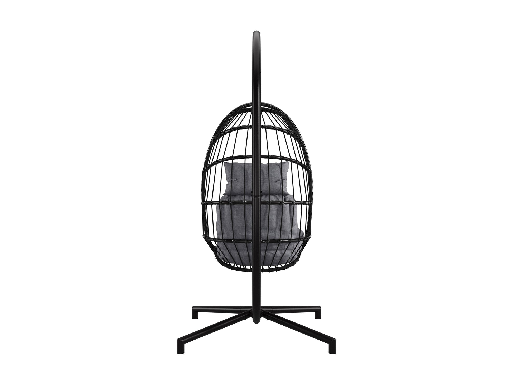 Grey hanging egg chair with plush cushions, woven rattan texture, and sturdy metal frame. Ideal for patios, this patio swing features a comfortable, cocoon-like design perfect for outdoor relaxation.