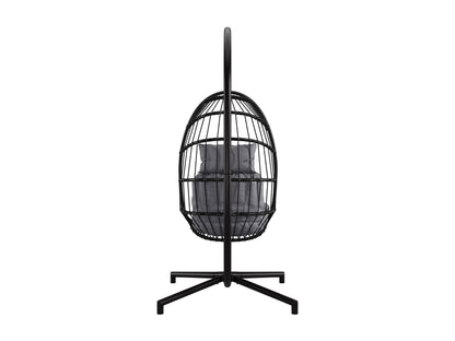 Grey hanging egg chair with plush cushions, woven rattan texture, and sturdy metal frame. Ideal for patios, this patio swing features a comfortable, cocoon-like design perfect for outdoor relaxation.