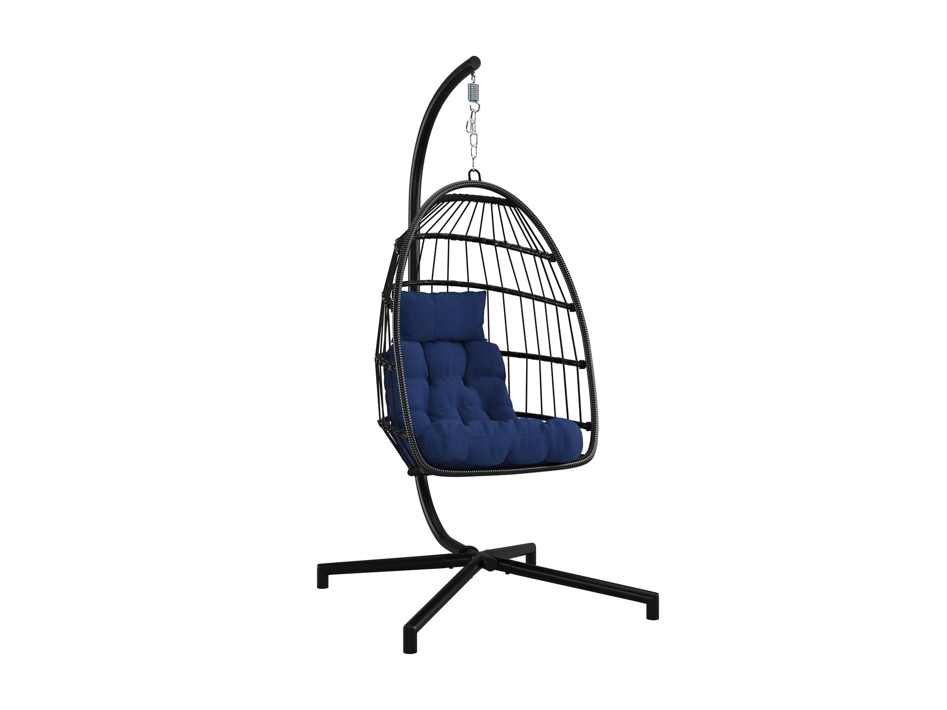 Blue hanging egg chair with cushioned seat, woven rattan design, and sturdy metal stand, perfect for patio relaxation.