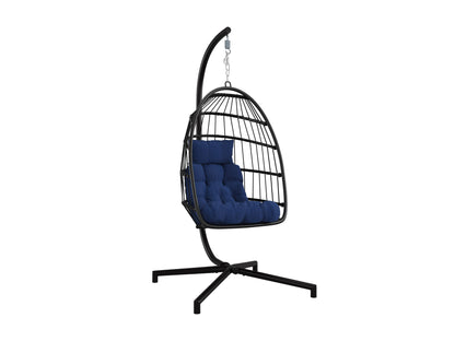 Blue hanging egg chair with cushioned seat, woven rattan design, and sturdy metal stand, perfect for patio relaxation.