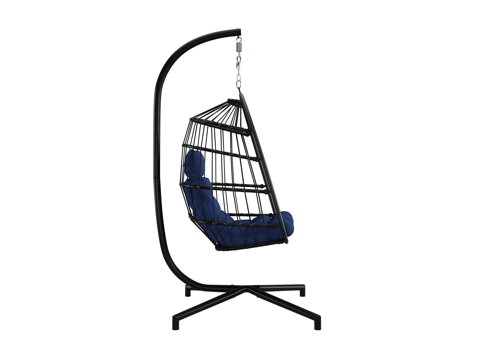 Blue hanging egg chair with cushioned seat, woven rattan design, and sturdy metal stand, perfect for patio relaxation.