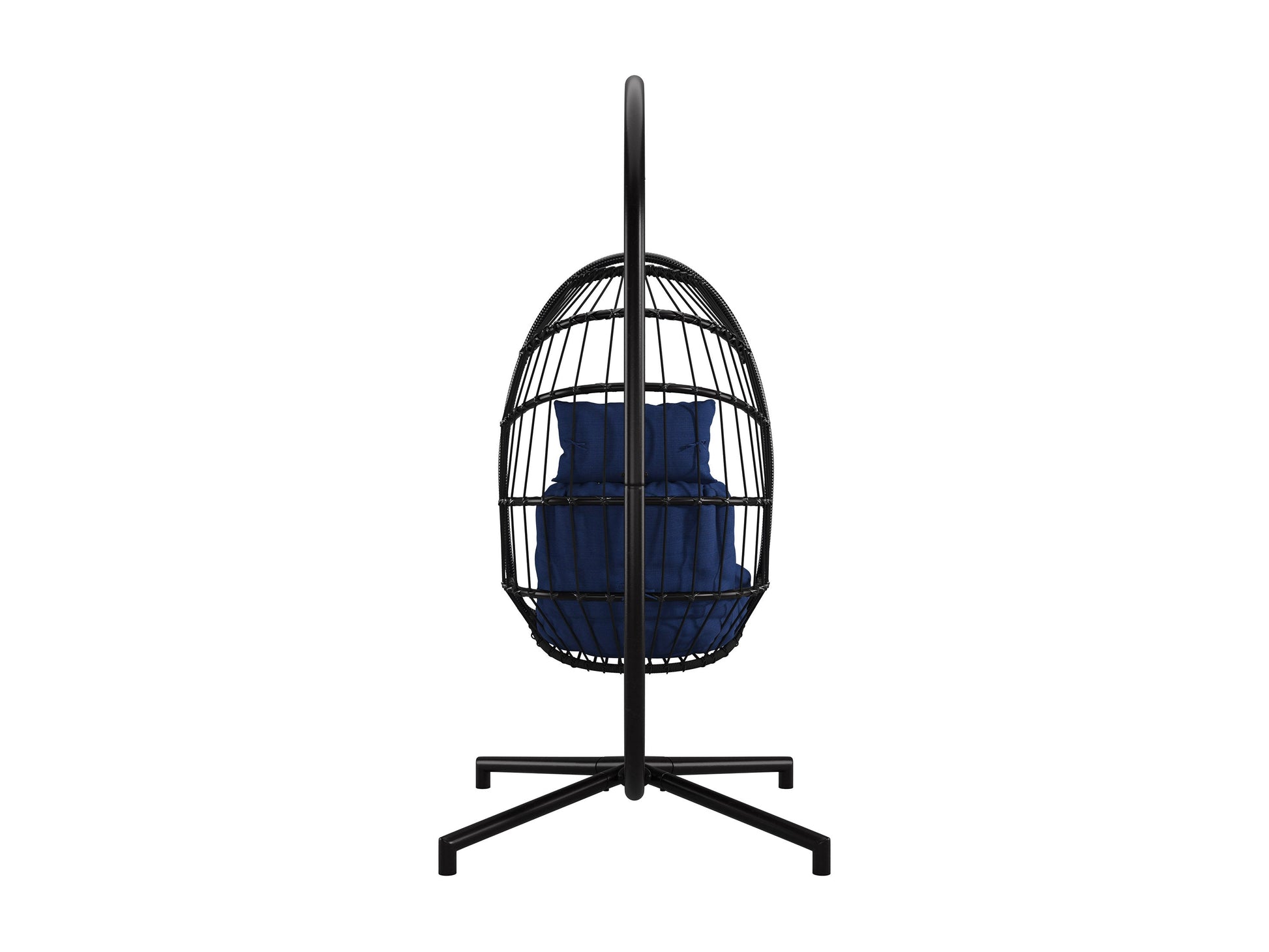 Blue hanging egg chair with cushioned seat, woven rattan design, and sturdy metal stand, perfect for patio relaxation.