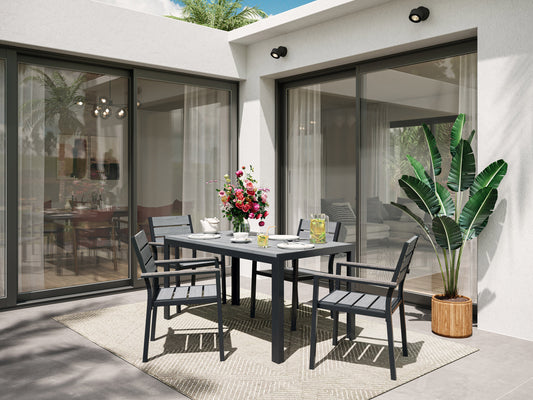 Modern rectangle outdoor dining table with sleek black metal frame and tempered glass top, ideal for patio settings. The table features a minimalist design and durable weather-resistant materials, perfect for outdoor gatherings.