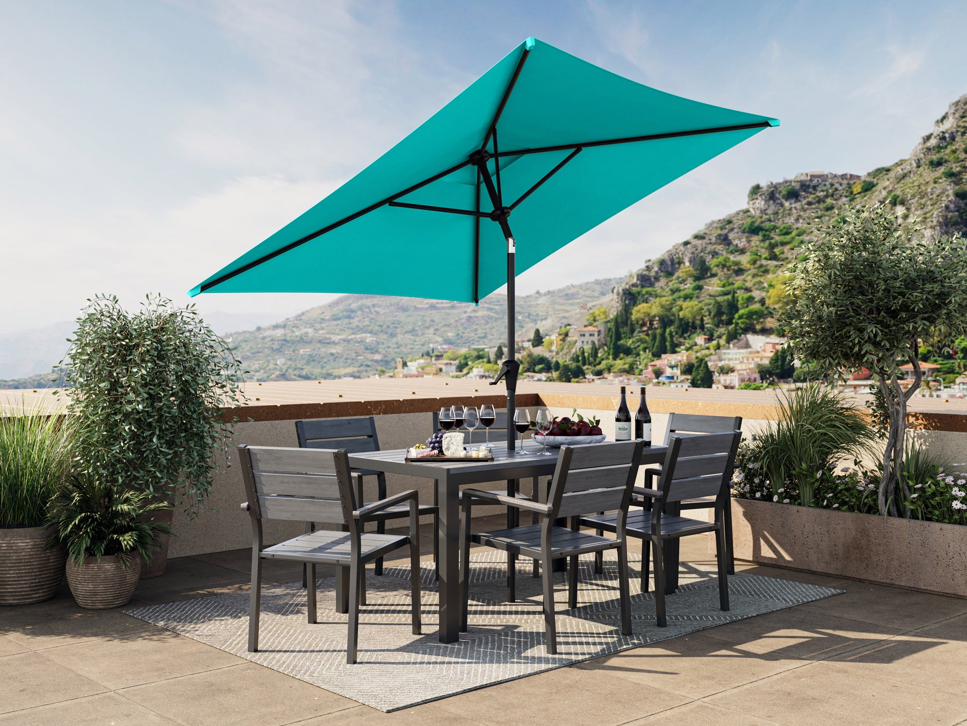 Modern outdoor patio dining set with six cushioned chairs and a rectangular wooden table, featuring a sleek black metal frame and weather-resistant materials, perfect for garden or backyard gatherings.