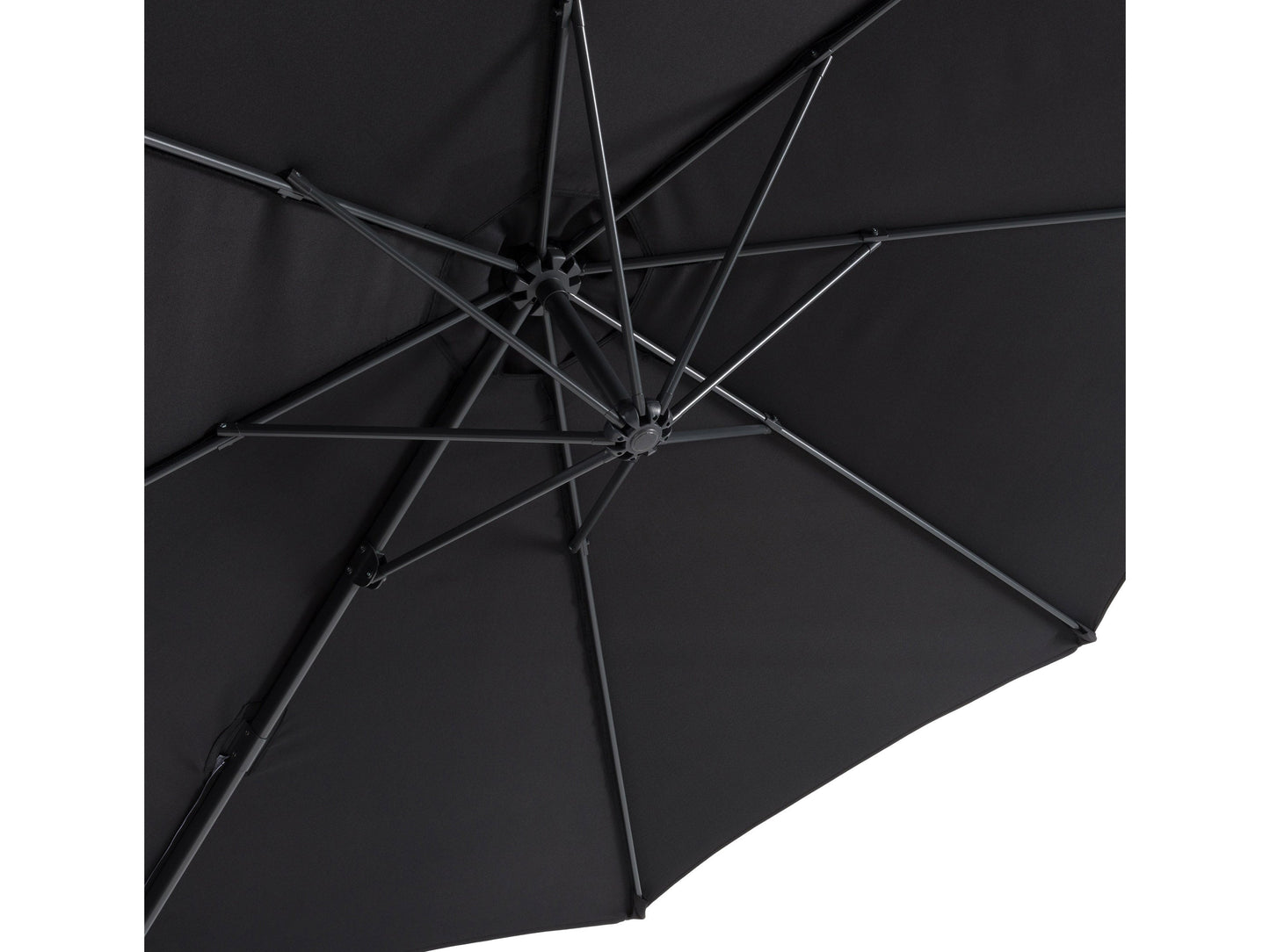9.5ft offset patio umbrella with 360-degree rotation, features a sleek black canopy and durable aluminum frame, ideal for outdoor shading solutions in modern patio setups.
