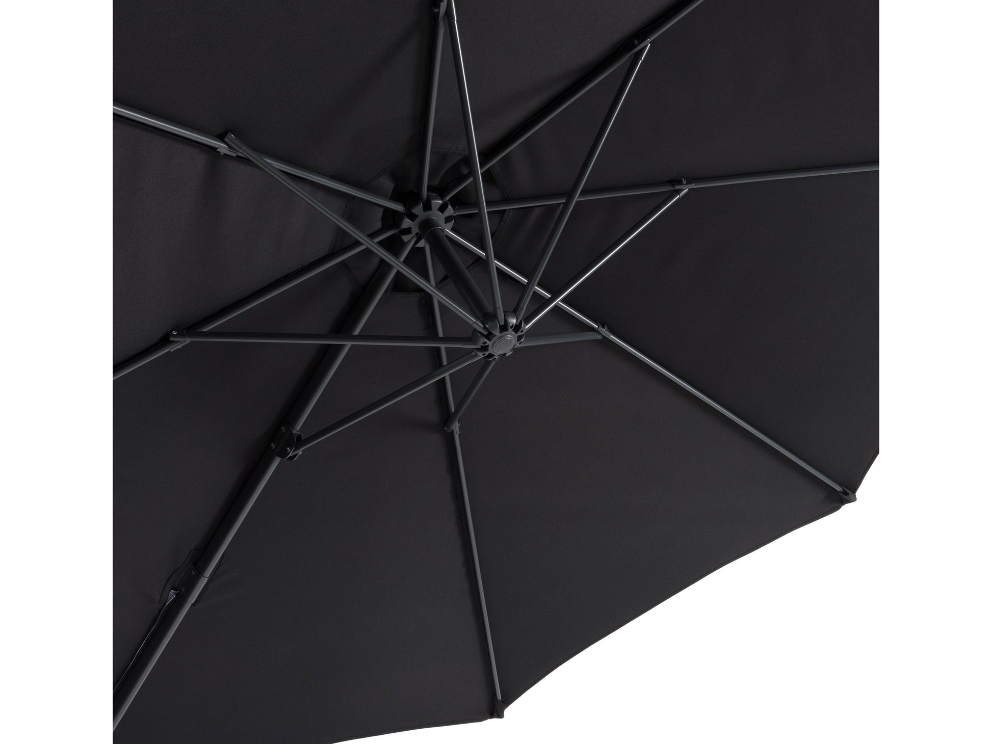 9.5ft offset patio umbrella with 360-degree rotation, features a sleek black canopy and durable aluminum frame, ideal for outdoor shading solutions in modern patio setups.