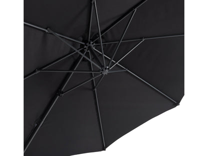 9.5ft offset patio umbrella with 360-degree rotation, features a sleek black canopy and durable aluminum frame, ideal for outdoor shading solutions in modern patio setups.
