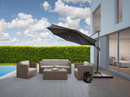 9.5ft offset patio umbrella with 360-degree rotation, features a sleek black canopy and durable aluminum frame, ideal for outdoor shading solutions in modern patio setups.