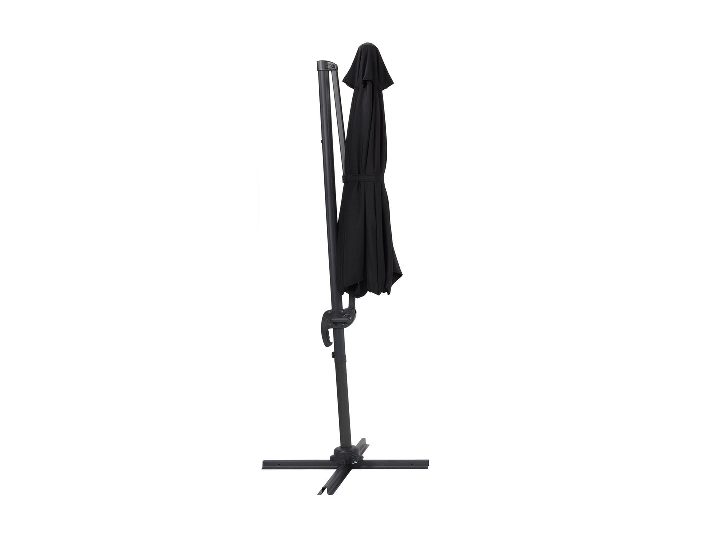 9.5ft offset patio umbrella with 360-degree rotation, features a sleek black canopy and durable aluminum frame, ideal for outdoor shading solutions in modern patio setups.
