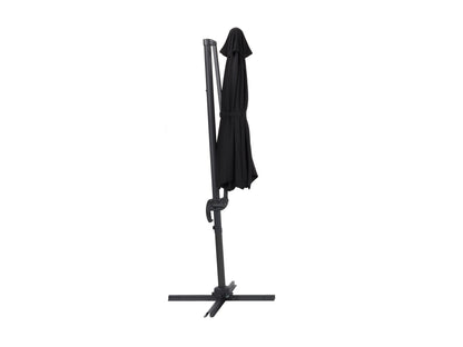 9.5ft offset patio umbrella with 360-degree rotation, features a sleek black canopy and durable aluminum frame, ideal for outdoor shading solutions in modern patio setups.