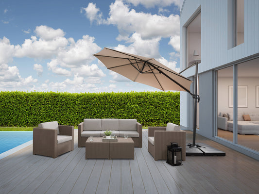9.5ft taupe offset patio umbrella with 360-degree rotation, sturdy aluminum frame, and UV-resistant canopy, ideal for outdoor shade on patios or gardens.