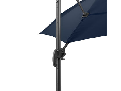 Navy blue 9.5ft offset patio umbrella with 360-degree rotation, sturdy aluminum frame, and UV-resistant fabric, perfect for outdoor shade on patios or decks.