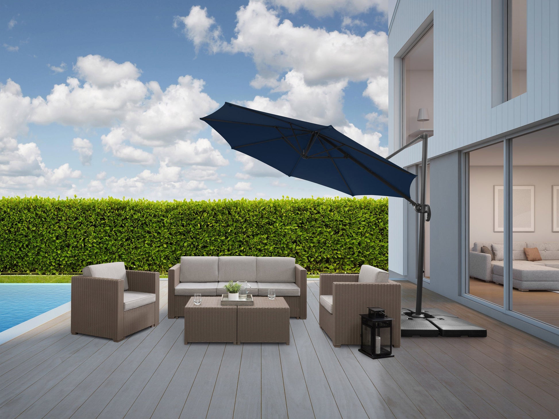 Navy blue 9.5ft offset patio umbrella with 360-degree rotation, sturdy aluminum frame, and UV-resistant fabric, perfect for outdoor shade on patios or decks.
