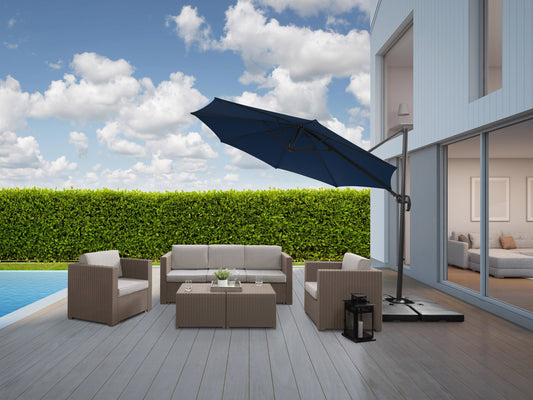 Navy blue 9.5ft offset patio umbrella with 360-degree rotation, sturdy aluminum frame, and UV-resistant fabric, perfect for outdoor shade on patios or decks.