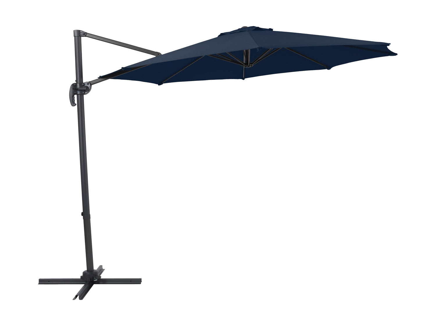 Navy blue 9.5ft offset patio umbrella with 360-degree rotation, sturdy aluminum frame, and UV-resistant fabric, perfect for outdoor shade on patios or decks.