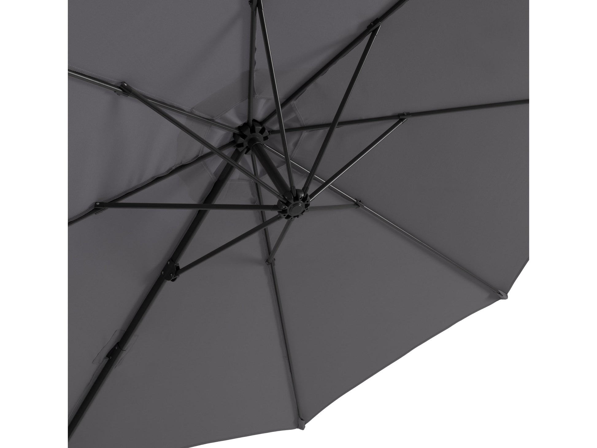 Grey 9.5ft offset patio umbrella with 360-degree rotation, durable fabric canopy, and sturdy metal frame, ideal for outdoor shading and garden relaxation.