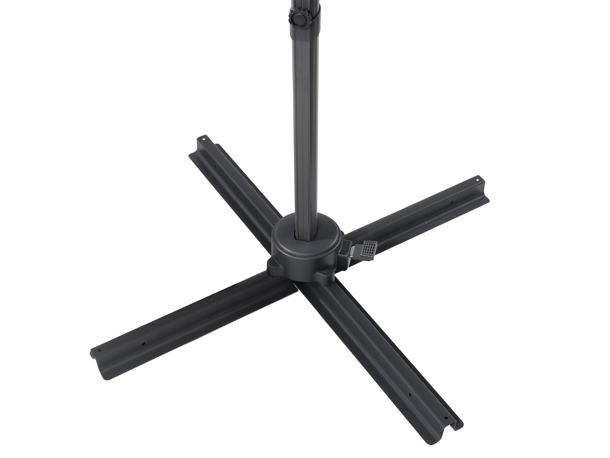 Grey 9.5ft offset patio umbrella with 360-degree rotation, durable fabric canopy, and sturdy metal frame, ideal for outdoor shading and garden relaxation.