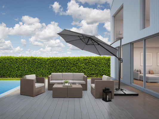 Grey 9.5ft offset patio umbrella with 360-degree rotation, durable fabric canopy, and sturdy metal frame, ideal for outdoor shading and garden relaxation.