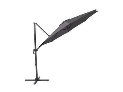 Grey 9.5ft offset patio umbrella with 360-degree rotation, durable fabric canopy, and sturdy metal frame, ideal for outdoor shading and garden relaxation.