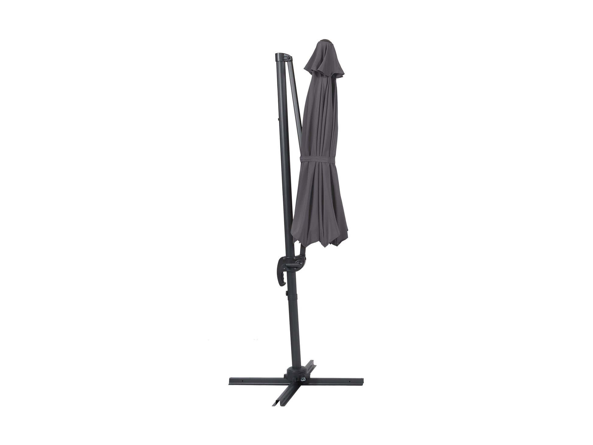 Grey 9.5ft offset patio umbrella with 360-degree rotation, durable fabric canopy, and sturdy metal frame, ideal for outdoor shading and garden relaxation.